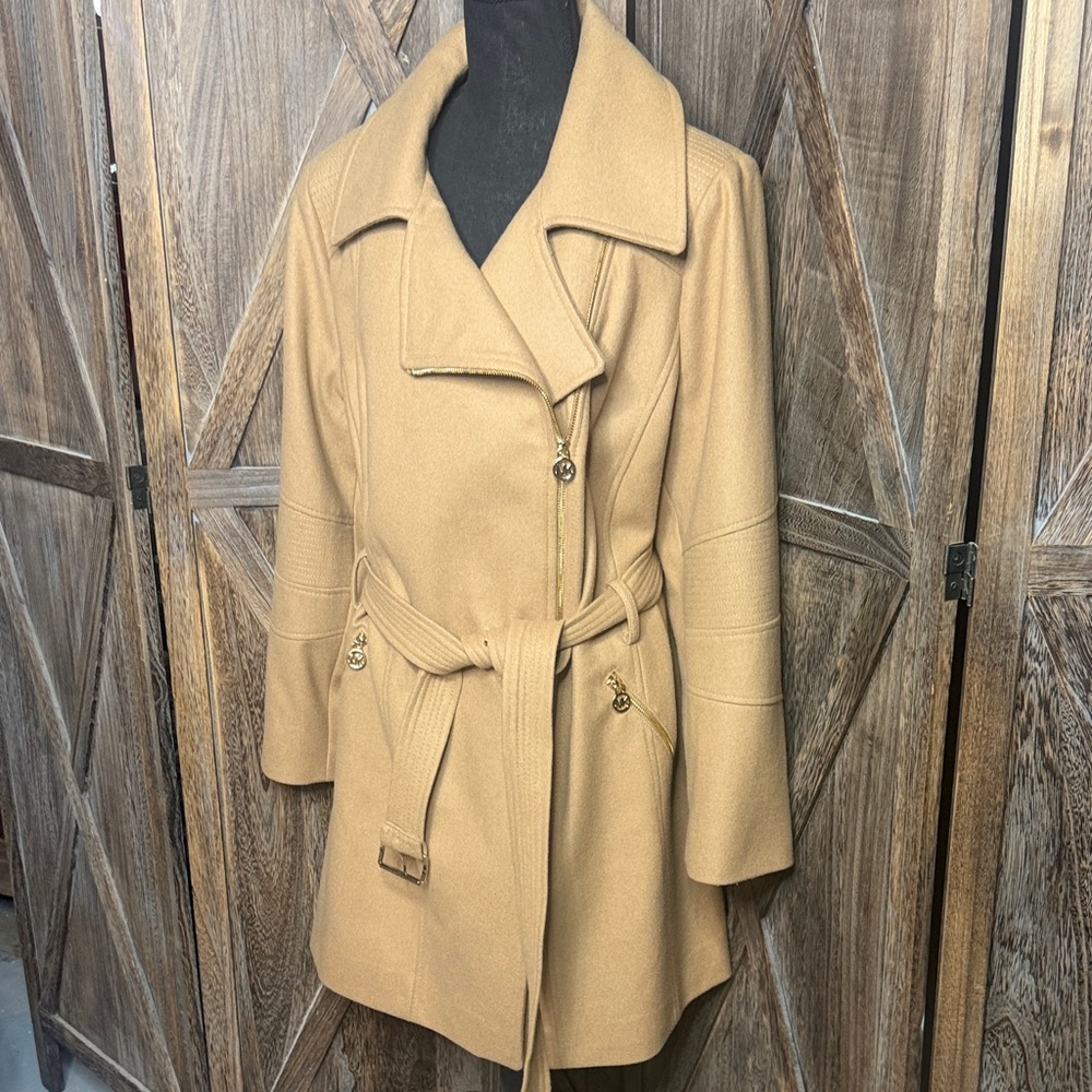 Michael Kors Asymmetrical Camel Color blended Wool Trench Coat With belt.